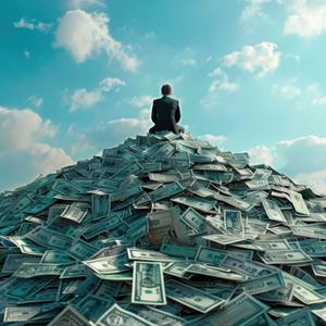 Man sitting on pile of money